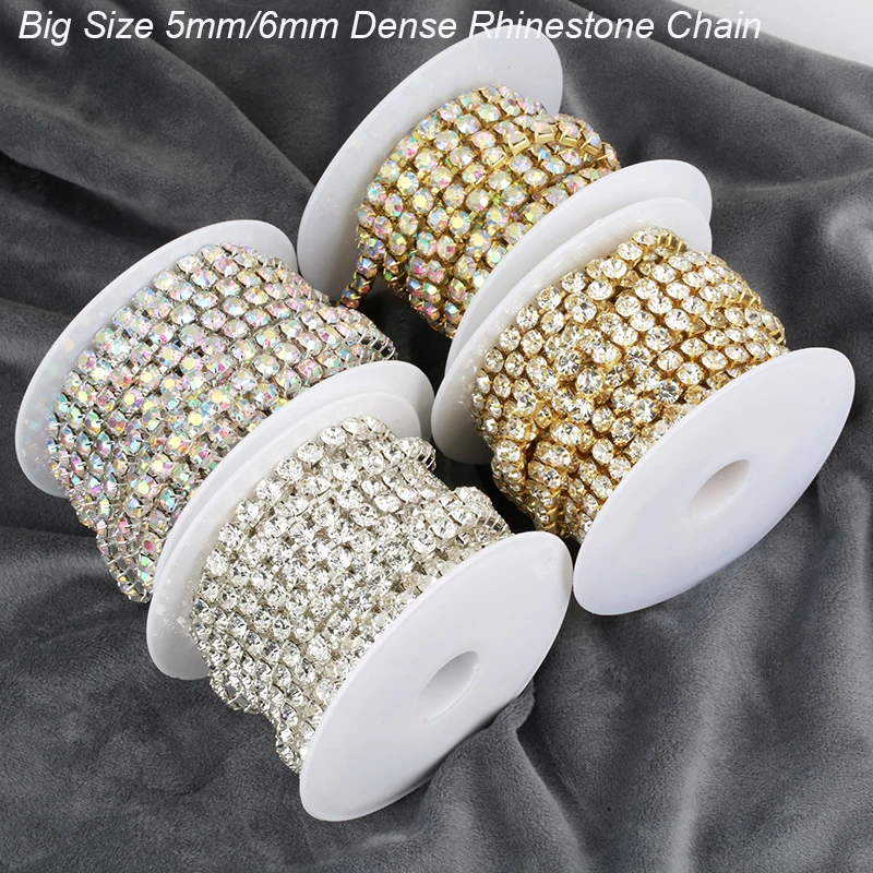 Big Size 5mm/6mm Gold/Sliver Crystal AB Dense Rhinestone Cup Chain Sewing Rhinestone Chain Trim For DIY Dress Craft Decoration