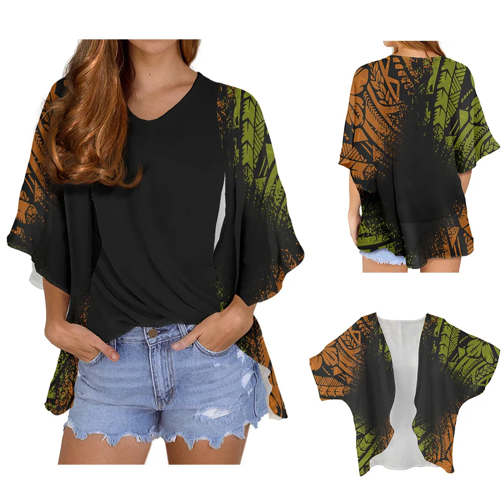 Cardigan Women Polynesian Tribe Hibiscus Printing Tops Chiffon Beach Cardigan Blouse Shawl Tops Outwear Autumn Woman Clothing