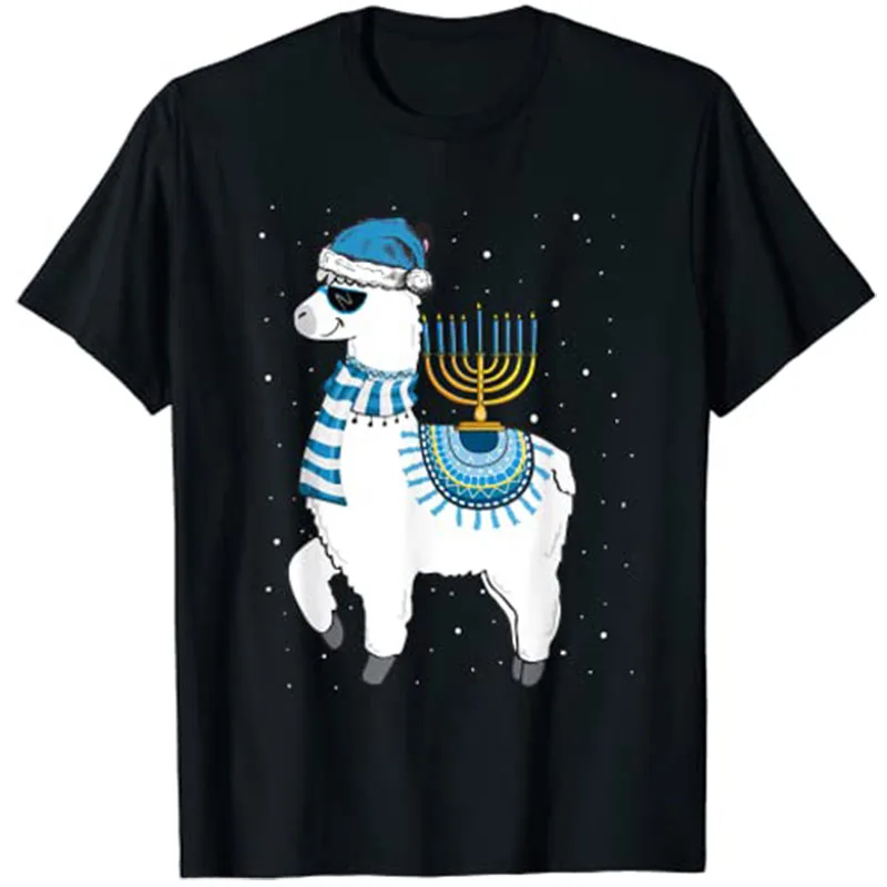 Menorah Hanukkah Llama Cute Alpaca Chanukah Christmas Pajama T-Shirt Graphic Tee Tops