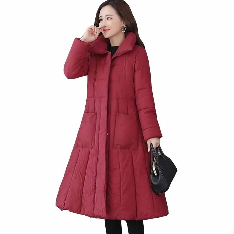 

2022 Fashion Winter Parker Women X-Long Padded Jacket A-Line Cloak Coat Thick Warm Slim Belt Down Cotton Outwear KW292