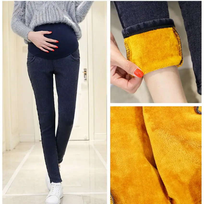 Winter Warm Thick Pregnancy Denim Jeans Warm Fleece Maternity Slim Jeans for Pregnant Women Plus Velvet Maternity Trousers