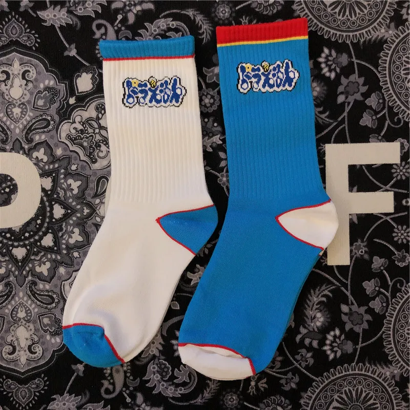 Adult Crew Cotton Socks Striped Cartoon Japanese Machine Cat White Sky Blue NNCH OFFICIAL Original Design Man Street Fashion Sox