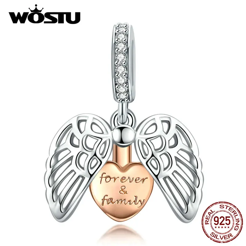 WOSTU New Arrival 100% Real 925 Sterling Silver Charms Forever Family With Angel Wings Pendant Fit Original Bracelet CQC1299