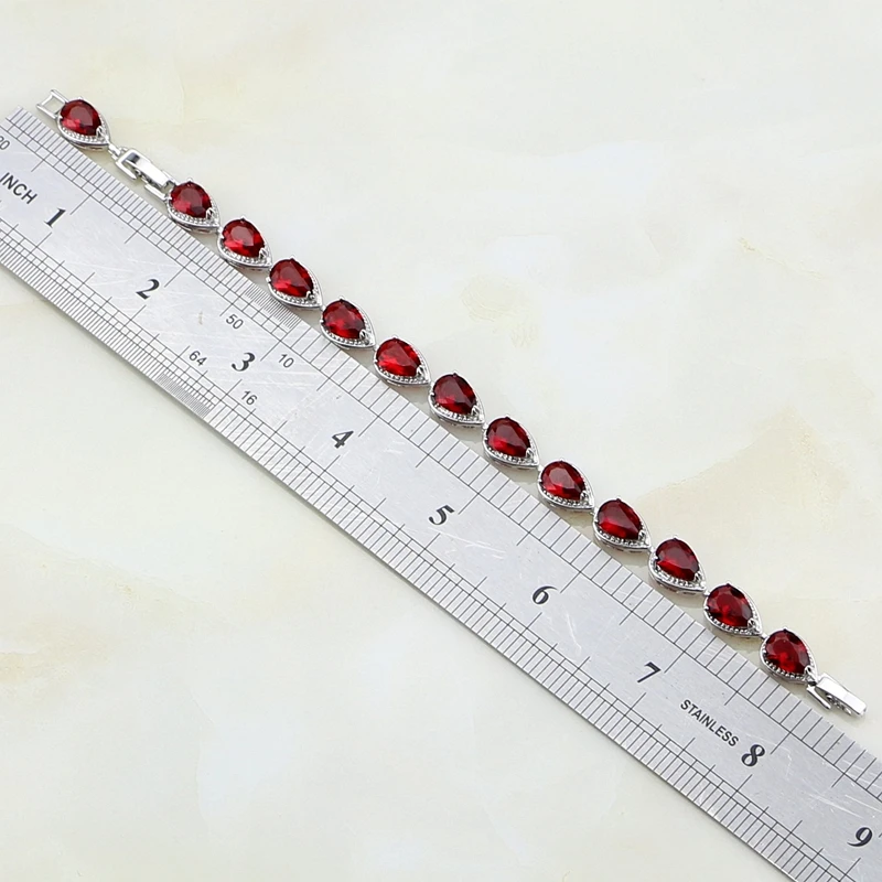 Water Drop Red Rhinestone 925 Sterling Silver Chain Link Adjustable Bracelet Charm Vintage For Women Free Gift Box