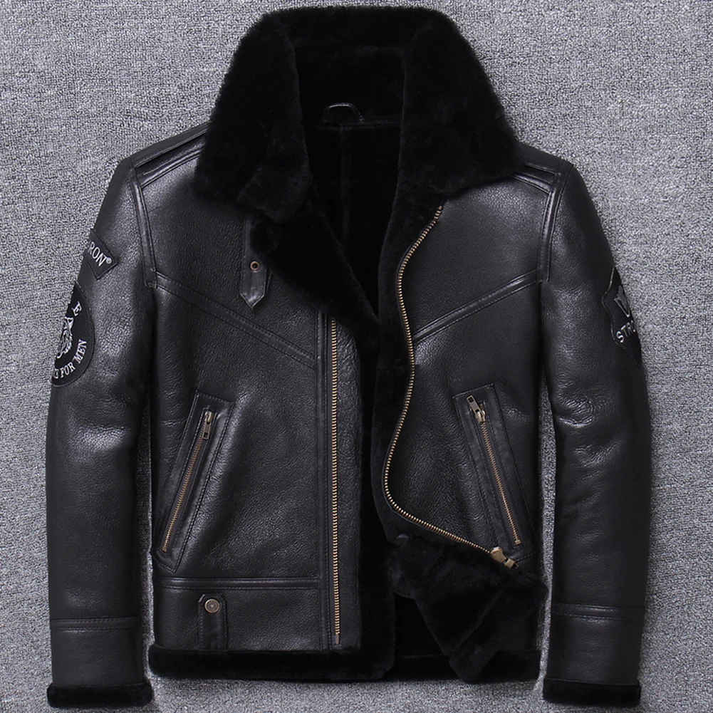 

2019 New Men's Black B3 Shearling Jacket Short Motorcycle Leather Jacket Mens Sheepskin Coat Winter Coats Trench Coat