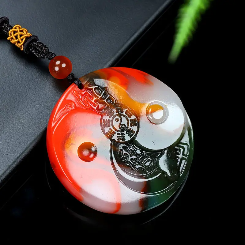 Natural Jade Colorful Jade Bagua Brand Pendant Men's and Women's Enlightenment Versatile Sweater Chain Pendant