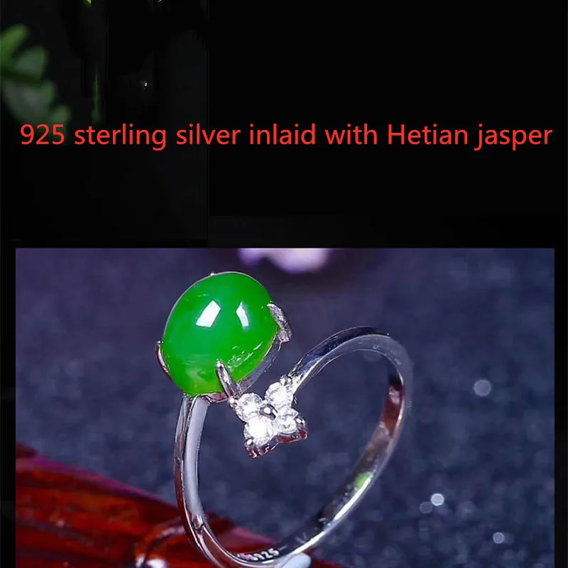 Hetian Jade Jade S925 Silver Inlaid Female Ring Spinach Green Egg Noodle Ring Ladies Jade Jewelry Boutique