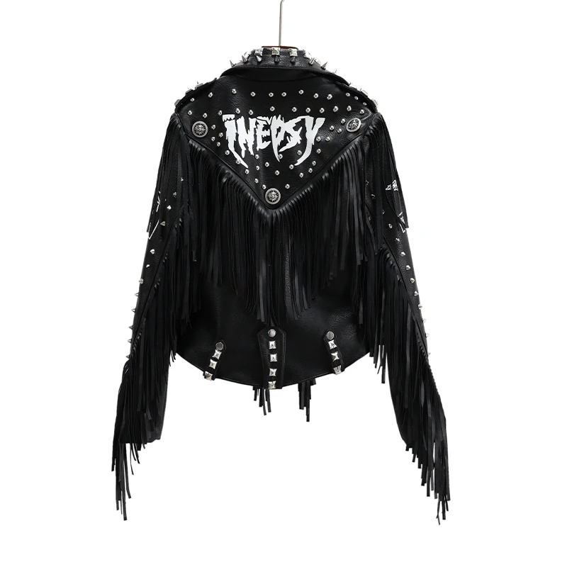 Winter pu leather jacket for women beaded rivet tassel chain black moto biker jacket female street hipster slim short coats