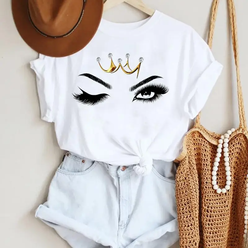 Make Up Letter Funny New Eye Eyelash Fashion Cartoon Summer Lady Print Tee Stylish T Top  Tshirts 2021 Women Clothes