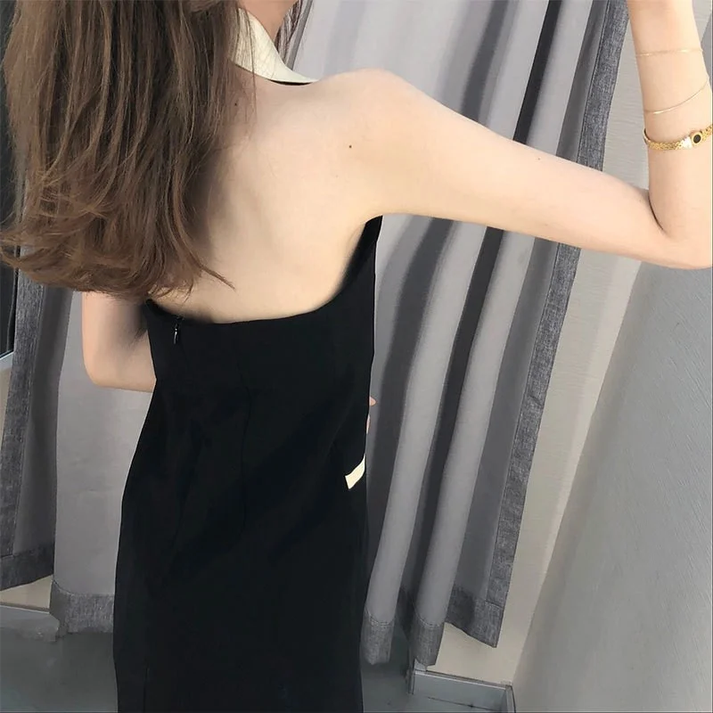 Dress Summer Office Ladies Elegant Sexy Sleeveless Backless Short Sundress Fashion Women Lapel Single Breasted Black Shirt Dress