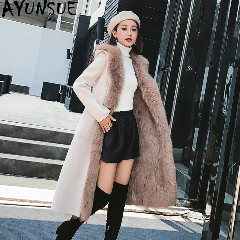 

AYUNSUE Autumn Winter Coat Women Real Fox Fur Coat Female Jacket Real Wool Coat Women Double Side Woolen Coats Manteau Femme MY