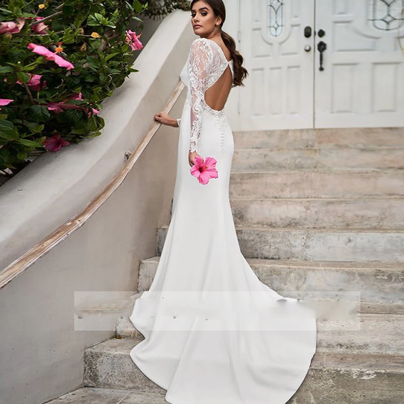 Charming Wedding Dresses Jersey Pleat Lace Pleat V-Neck Robe De Mariee Custom Full Sleeve Backless Mermaid Bridal Gowns Novia