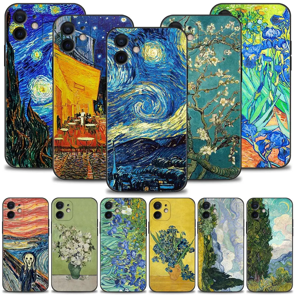 Phone Case For iPhone 14 13 12 11 Pro Max XS Max XR X 7 8 Plus 12 Mini 6S SE Silicone Black Shell Van Gogh Starry Sky Art