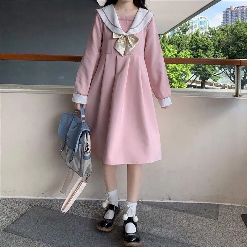 A-line Dress Women Sweet Kawaii Japanese Style College Autumn New Sailor Collar Patchwork Bow Fashion Leisure Loose Popular Chic