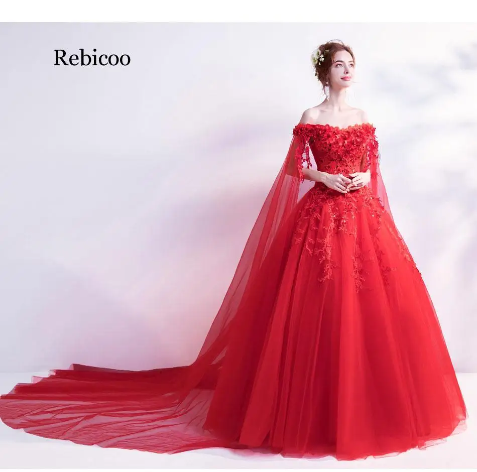 

Light Ivory Red Dresses Ball Gown Cheap Tulle Lace Applique Sequined Off Shoulder Long Sleeve Bride