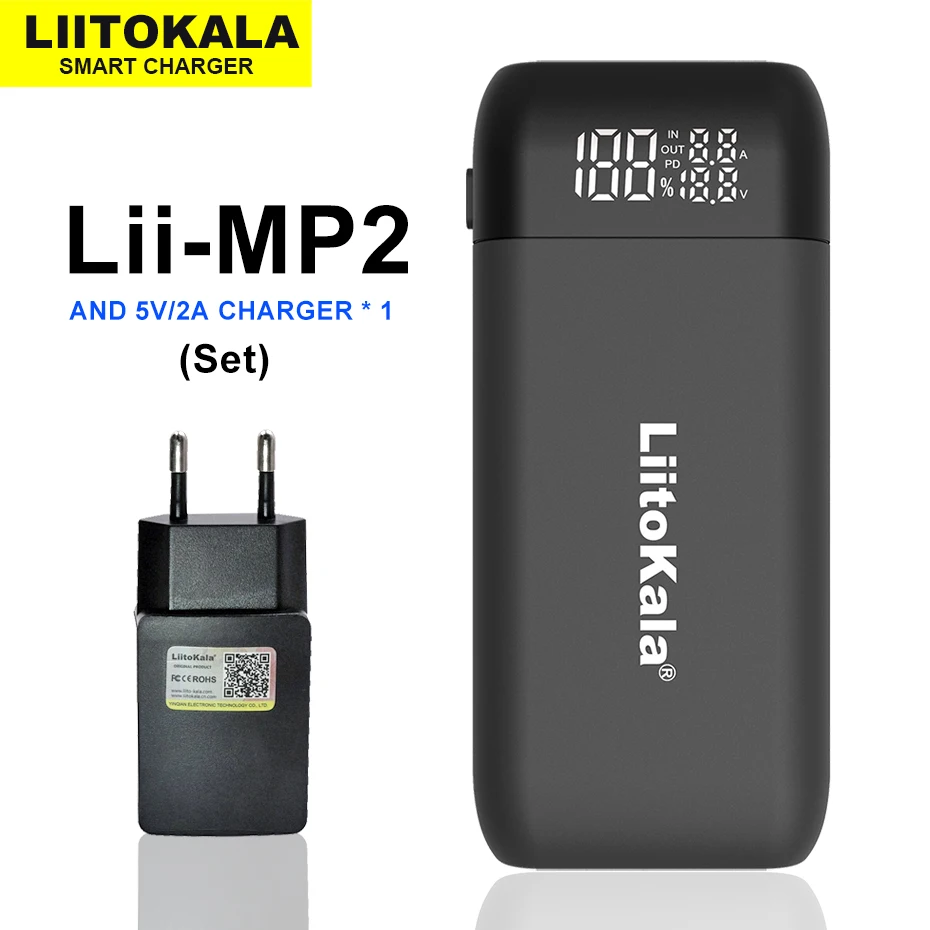 

LiitoKala Lii-MP2 18650 21700 Charger&Power Bank QC3.0 Input/Output Digital Display Fast Charging+ EU/US/UK 5V 2A