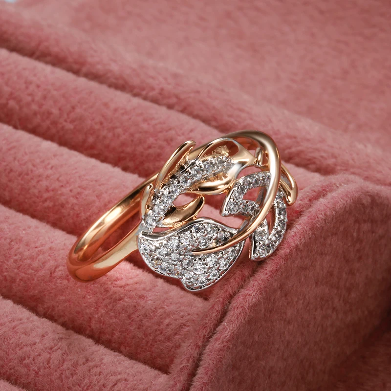 Kinel Fashion Micro-wax Inlay Natural Zircon Rings for Women 585 Rose Gold Crystal Flower Ring Fine Vintage Wedding Jewelry