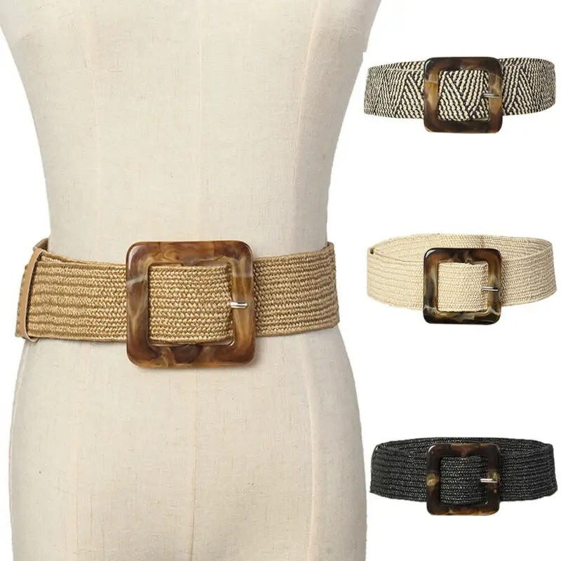 Women Vintage Braided Waist Belt Stretch Elastic Wood Buckle Dress Waistband （Button colors are random）