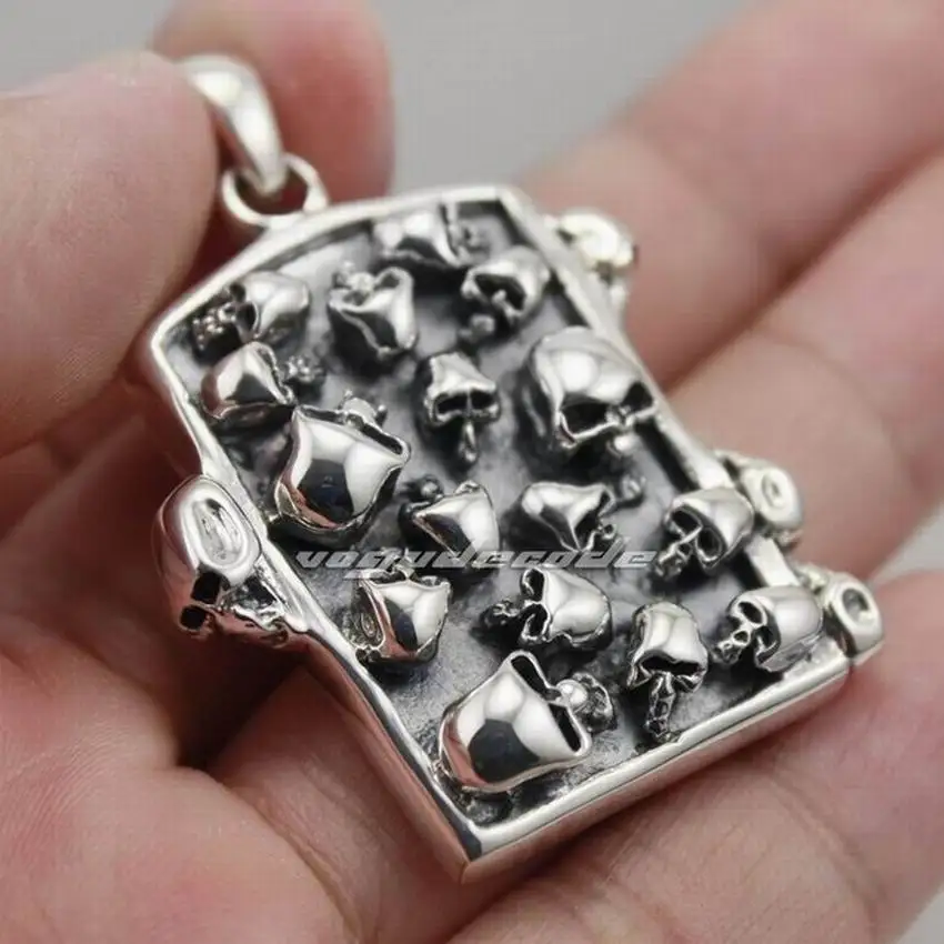 925 Sterling Silver Graveyard Skull Dog Tag Solid Mens Biker Pendant 8C003(Necklace 26inch)