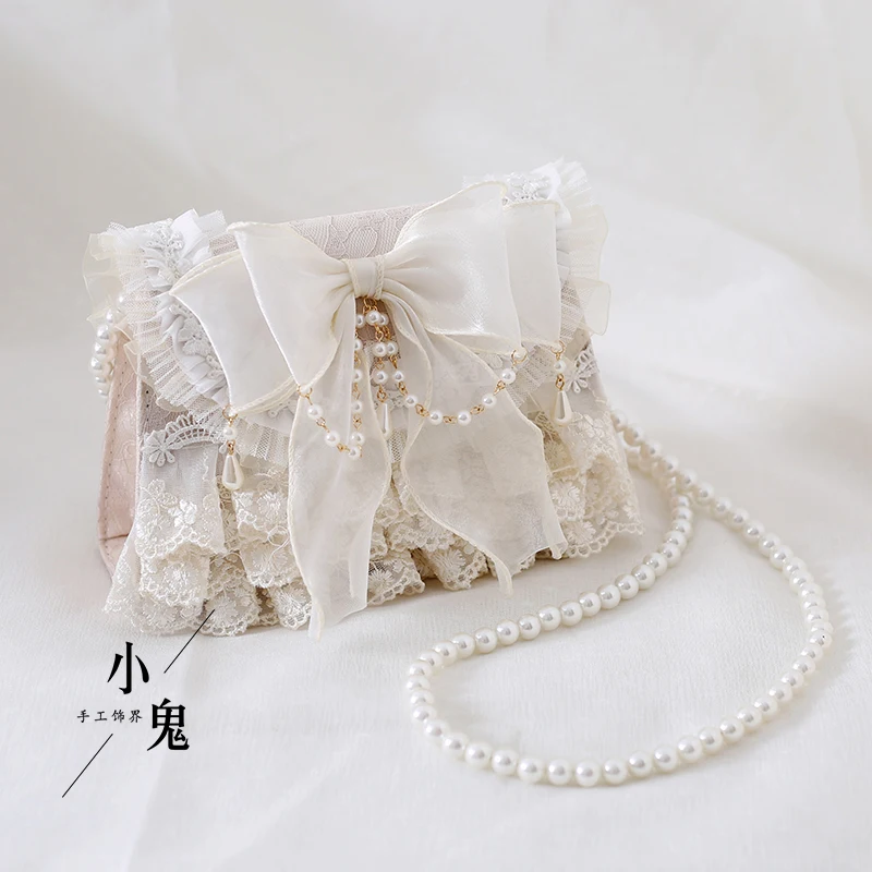 

Lolita Lace Bag Pearl Chain Purse Large Bowknot Handbag Sweet Tea Party Metal Shoulder Bag Kawaii Girls Cute Accessory