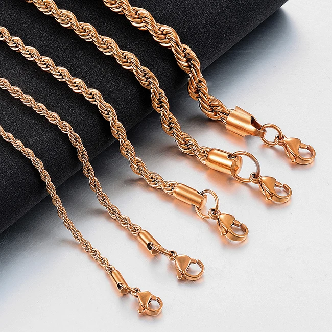 Modische Roségoldfarbene Edelstahl-Halskette mit Gedrehter Seilkette, Wasserdicht, Metallglieder, Großhandel für Männer und Frauen – Detail 2