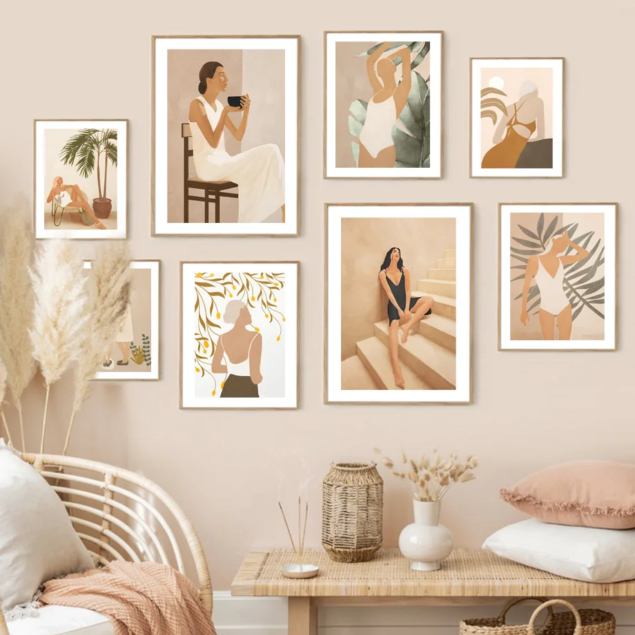 

Boho Landscape Girl Summer Palm Leaf Wall Art Print Canvas Modern Nordic Poster for Living Room Decoration