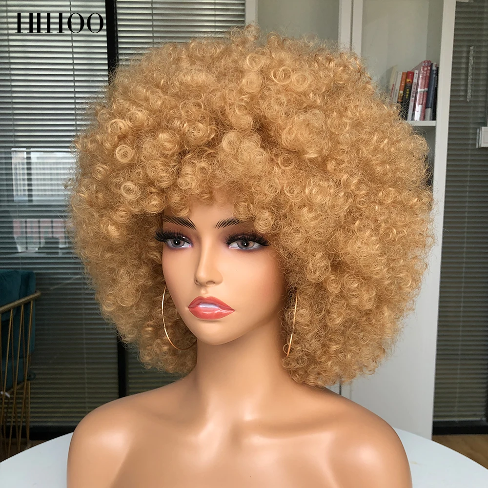 Peluca Afro rizada de pelo corto con flequillo para mujer, peluca sintética rosa para Cosplay, color negro, azul, rojo y marrón para Halloween