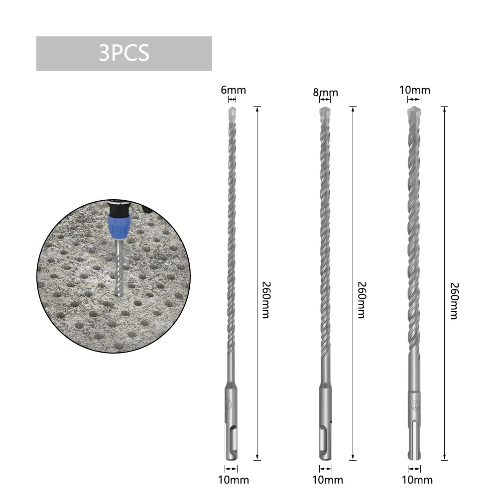 LA VIE 3pc/Lot 6 8 10mm SDS Plus Drill Bit 260mm Hammer Concrete Bits S4 Slot Tip Masonry Drill Brick Wall Block Power Tools 001