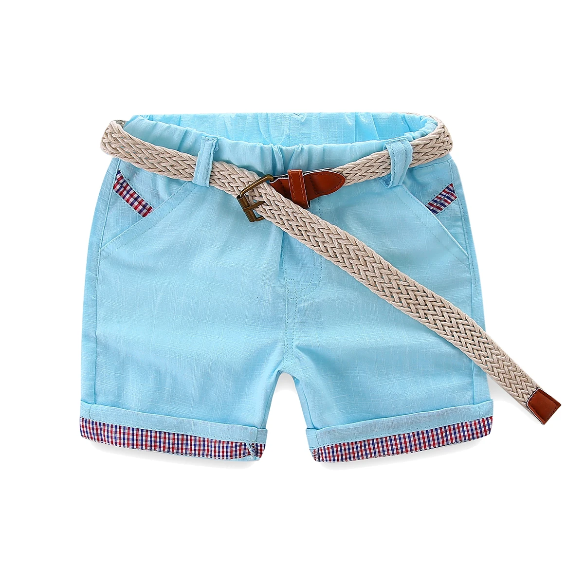 Mudkingdom Summer Boys Shorts with Belt Fashion Plaid Elastic Waist Casual Cotton Solid Color Short Pants for Kids Clothes