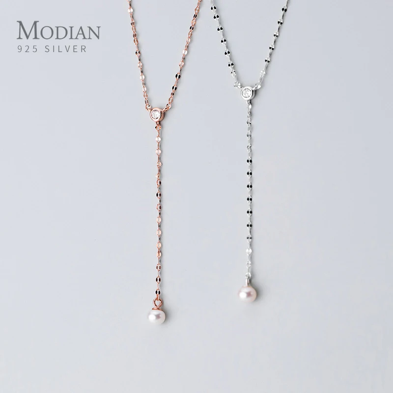 

MODIAN 925 Sterling Silver Shiny Zircon Y-Shape Elegant Pearl Pendant Necklace for Women Rose Color Gold Necklace Fine Jewelry