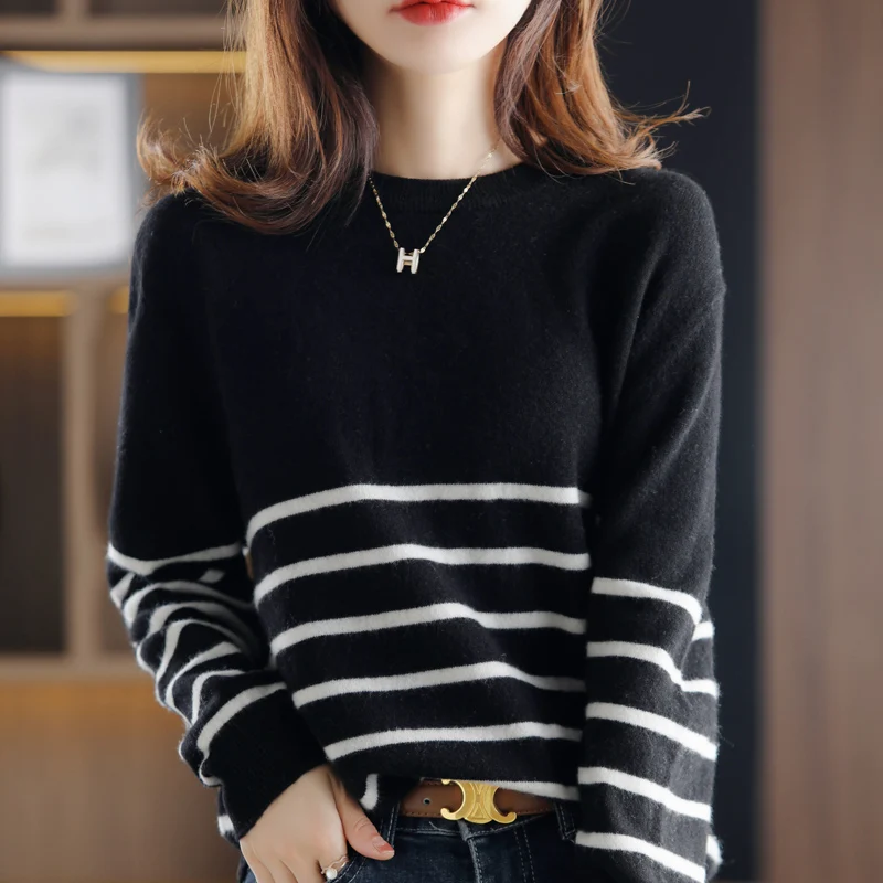 100% Wool Round neck Multicolor Striped Women Sweaters And Pullovers Knitwear Long Sleeve Loose Jumper Winter Ladies Sweater