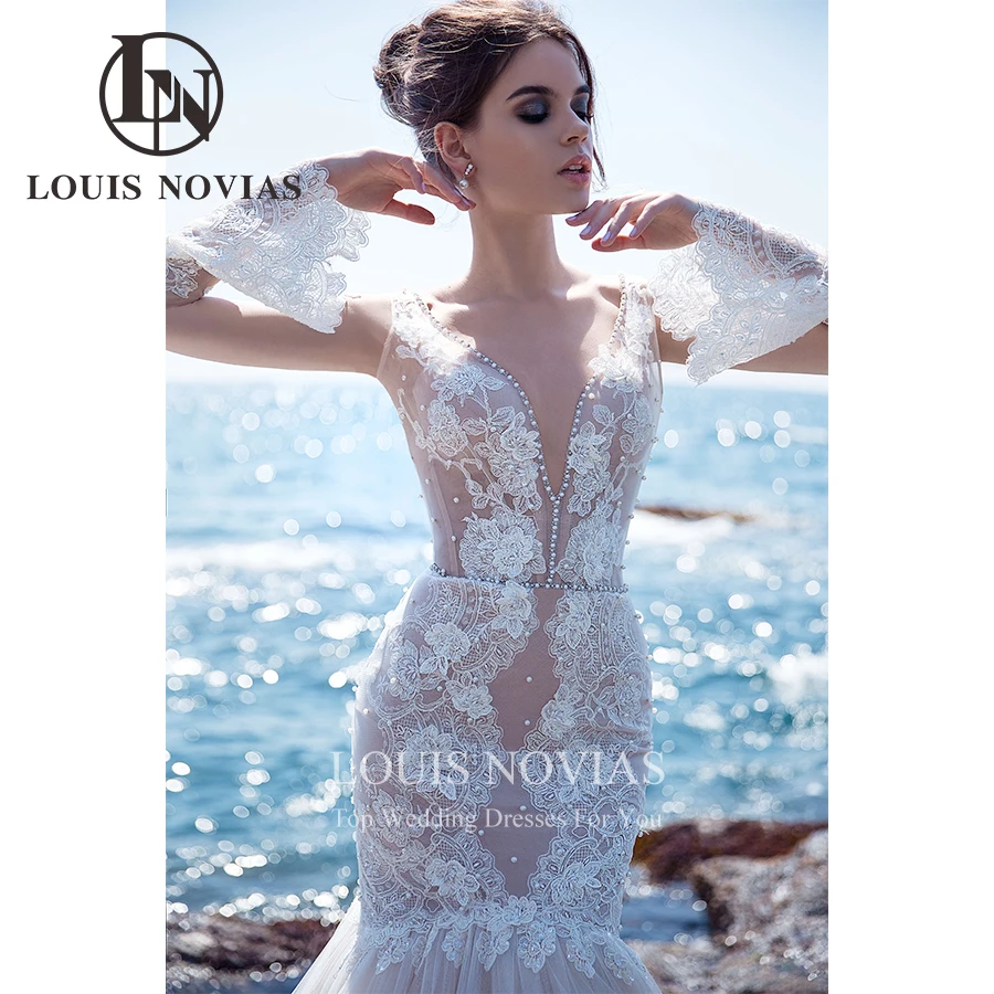 LOUIS NOVIAS 인어 웨딩 드레스, 2022 섬세한 구슬 3D 꽃 아플리케 긴 소매 등이없는 v넥 Vestido De Noiva