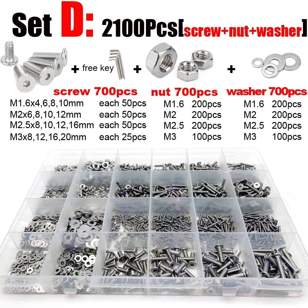 400/2100 M1.6 M2 M3 M4 M5 304 Stainless Steel Hexagon Hex Socket Ultra Thin Flat Wafer Head Screw Bolt Nut Washer Assortment Kit