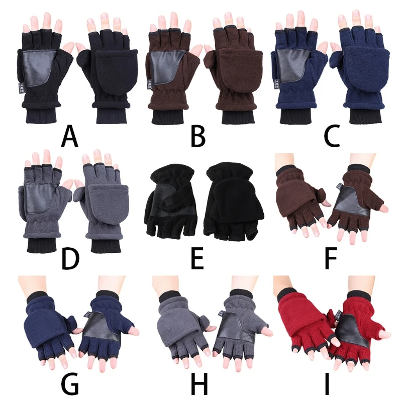 Women Men Winter Polar Fleece Half Finger Flip Gloves Double Layer Thicken Touch Screen Fingerless Convertible Mittens Wrist