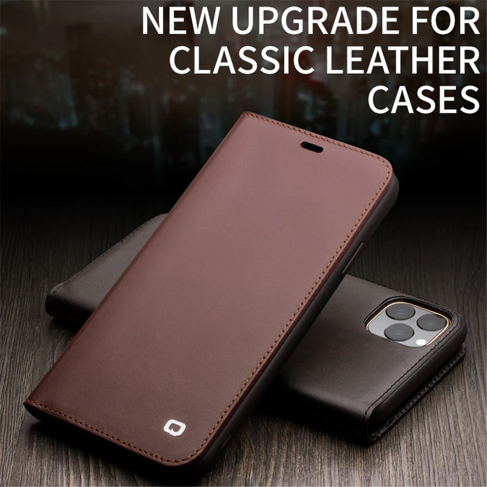 QIALINO Genuine Leather Phone Case for Apple iPhone 11/12 Mini Pure Handmade Flip Case with Card Slots for iPhone 11/12 Pro Max