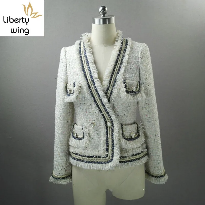 

Top Quality Autumn Winter Women Runway Tweed Jacket Tassels Fringed Twill Office Lady Spliced Coat V Neck Slim Fit Short Jackets