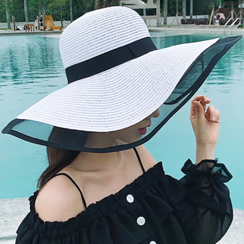 2021 New Sun Hats for Women Girls Wide Brim Floppy Straw Hat Summer Bohemia Beach Cap Ribbon Chapeau Black