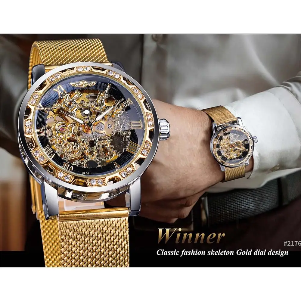 Winner Golden Watches Men Skeleton Mechanical Watch Crystal Mesh Slim Stainless Steel Band Top Brand Luxury Hand Wind Wristwatch