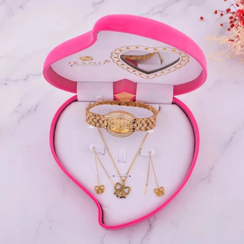 Conjunto de relojes de pulsera para mujer, reloj de pulsera para mujer, Pendientes colgantes, collar, traje, reloj de cuarzo femenino, caja de