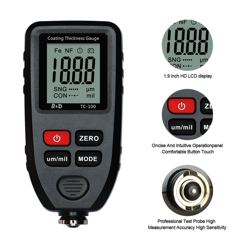 R & D TC100 Mobil Cat Coating Thickness Gauge Cat Mobil Film Thickness Tester Mengukur FE/NFE Bahasa Rusia Manual cat Alat Hitam