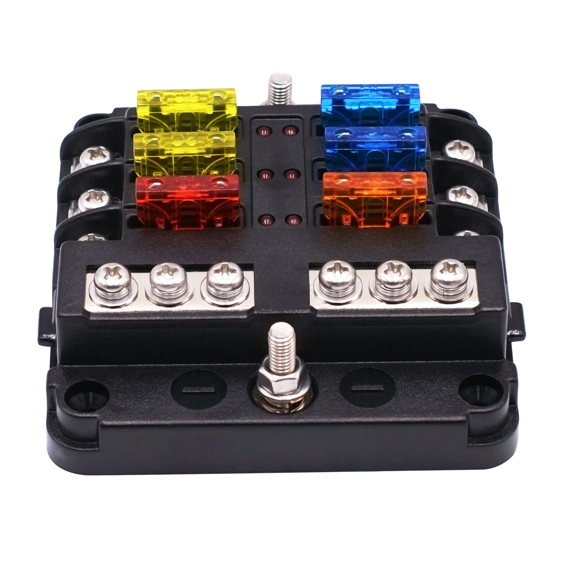 

12V 6Way Blade Fuse Block Box Holder with Negative Bus 6 Circuit with LED Indicator Cover Label for Car Truck Trailer Boat Yacht