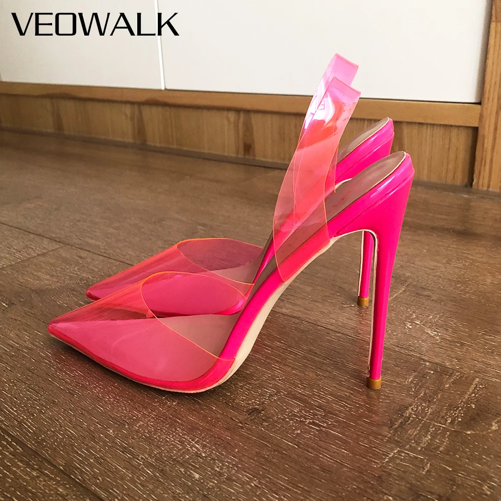 

Veowalk Clean Pink Women Transparent Pointy Toe Slingback Stiletto Pumps Summer Ladies High Heel Dress Shoes Big Size 43 44 45