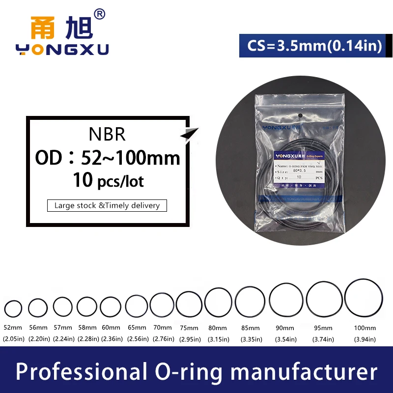 10PCS/Lot Black NBR Sealing O Ring CS3.5mm OD52/55/56/57/58/60/65/70/75/80/85/90/95/100*3.5mm Rubber Gasket Oil Rings Washer