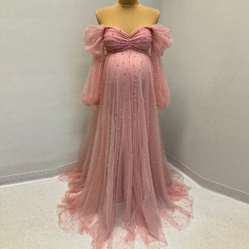 Sweet Pink Peals Tulle Maternity Dresses for Babyshower Off Shoulder Delicate Pregnant Evening Gown Long Sleeve Sweep Train Robe