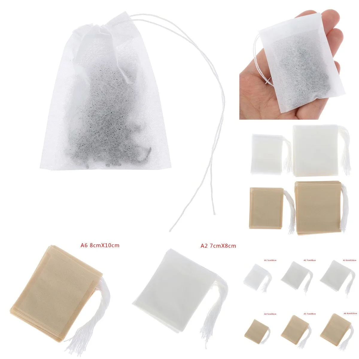 100Pcs/Lot Empty Drawstring Teabags Paper Tea Bags Filter for Herb Loose Tea 5*6cm/7*8cm/8*10cm Wholesale