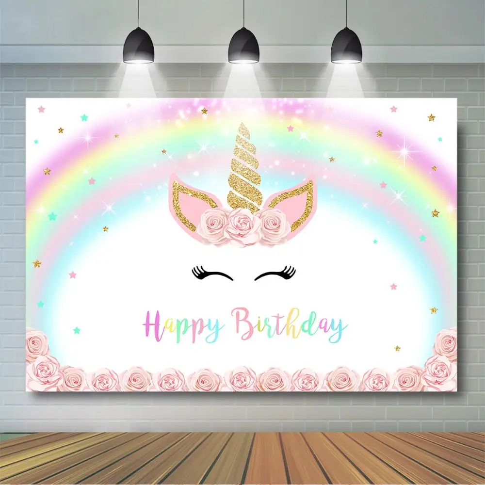 Mocsicska Unicorno Sfondo Floreale Arcobaleno Unicorno Sfondo fotografico Decorazioni per feste di compleanno per bambini Sfondo fotografico personalizzato