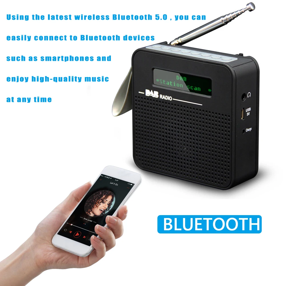 Portable DAB/DAB+ Radio LCD Display Automatic Tuning Mini Receiver Automatic Storage of 20 Radio Stations with Bluetooth