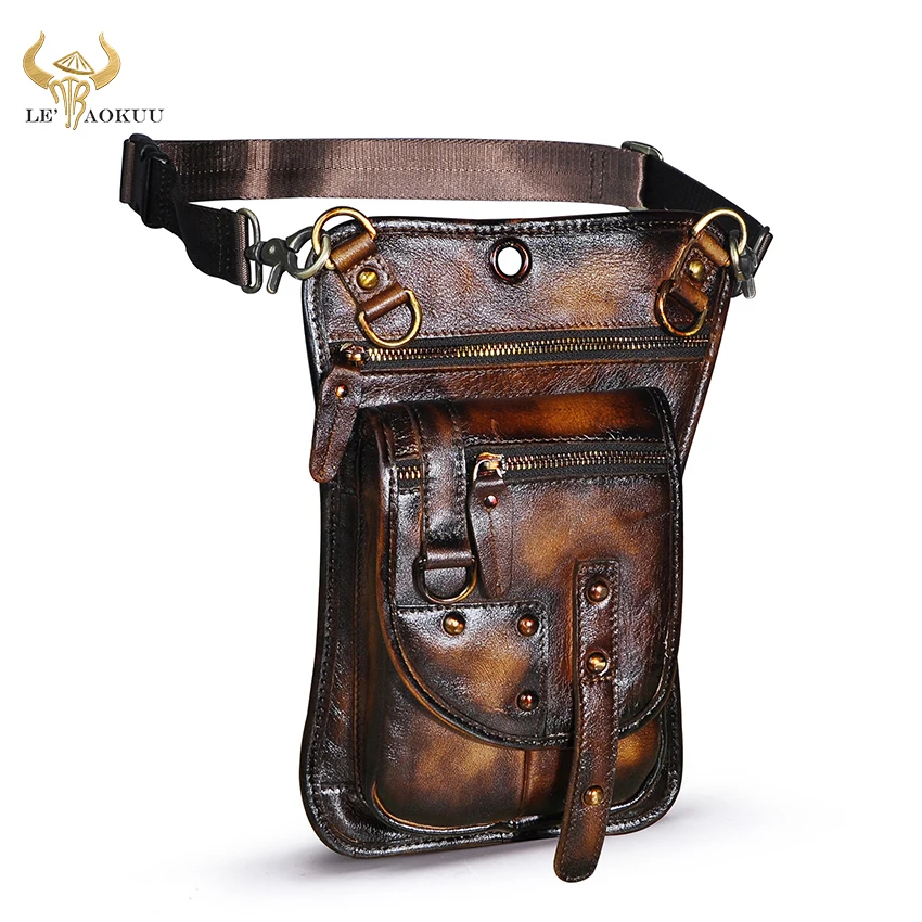 Natural Leather Multifunction Men Vintage Travel Crossbody Messenger Bag Hook Fanny Waist Belt Pack Drop Leg Phone Case Bag 2141
