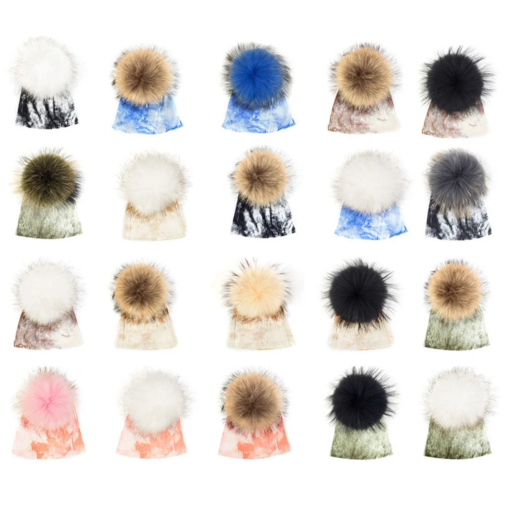 Colorful Tie-dye Real Pompom Fur Beanies 0-6month Newborns Keep Warm Threaded Hat Girls Boys Winter Knitted Hat Fashion Soft Cap