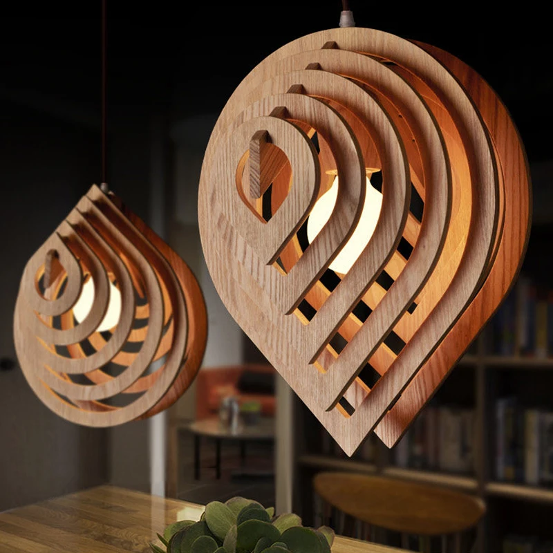 Modern Wood Pendant Light E27 Nordic Wooden Water Drop Pendant Lamp Loft Pendant Lights Dining Room Home Lighting Decor